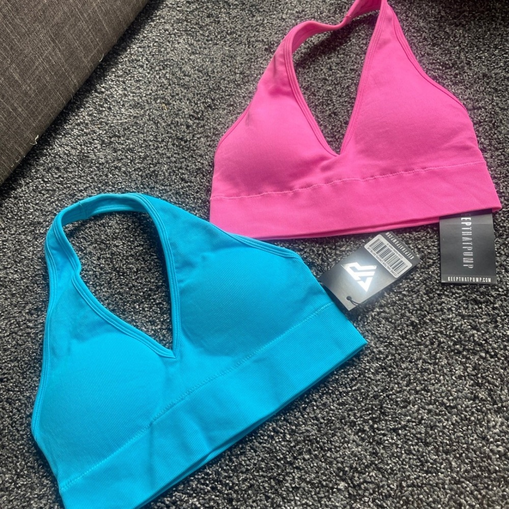 Keep that pump Bright Pink & Teal V-Neck Sports Bras - Set of 2